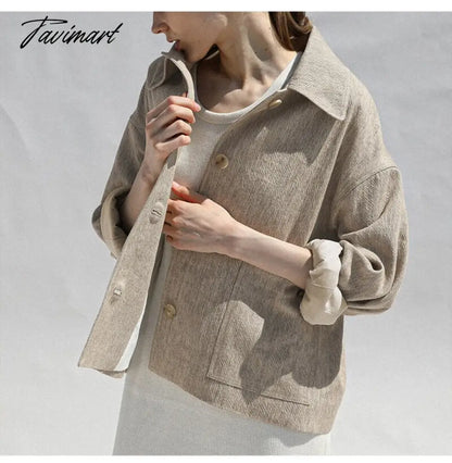 Tavimart Retro Cotton Linen Women's Short Coat Autumn And Winter Korean Harajuku Turndown Collar Button Jacket For Women Clothing