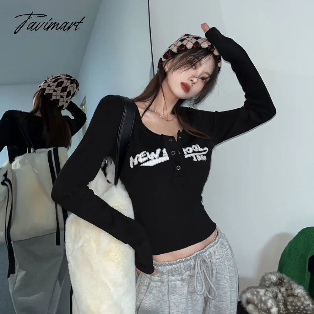 Tavimart Retro Graffiti Print Elastic T Shirt Women Sexy Slim Crop Top Ribbed Long Sleeve O-neck Tops Grunge Tee Tops Korean