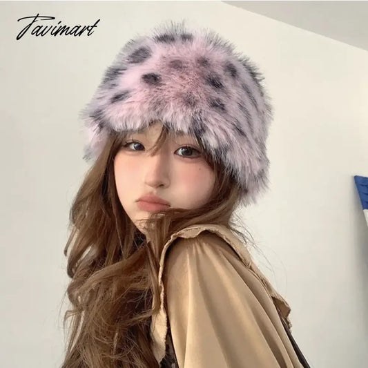 TAVIMART  -  Retro Hot Girl Leopard Plush Bucket Hats Women Autumn and Winter Imitation Fur Thickened Thermal Pullover Fashiona Basin Cap