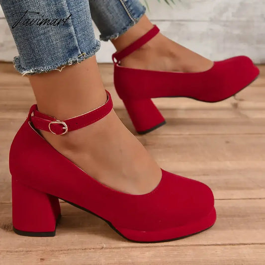 vzyzvRetro Lady Spring Pumps Velour Velvet Red Black Round Toe Platform Mary Janes Shoes Women Big Size 46 47 48 Square Chunky Heels