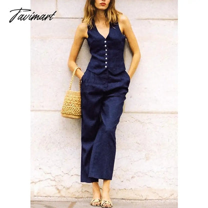 vzyzv Retro Linen Women'S Suits Women Blue Sleeveless Button Up Vest Tops + Wide Leg Pants Sets 2 Pieces Outfits Ensemble Femme