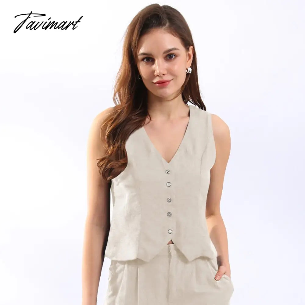 vzyzv Retro Linen Women'S Suits Women Blue Sleeveless Button Up Vest Tops + Wide Leg Pants Sets 2 Pieces Outfits Ensemble Femme