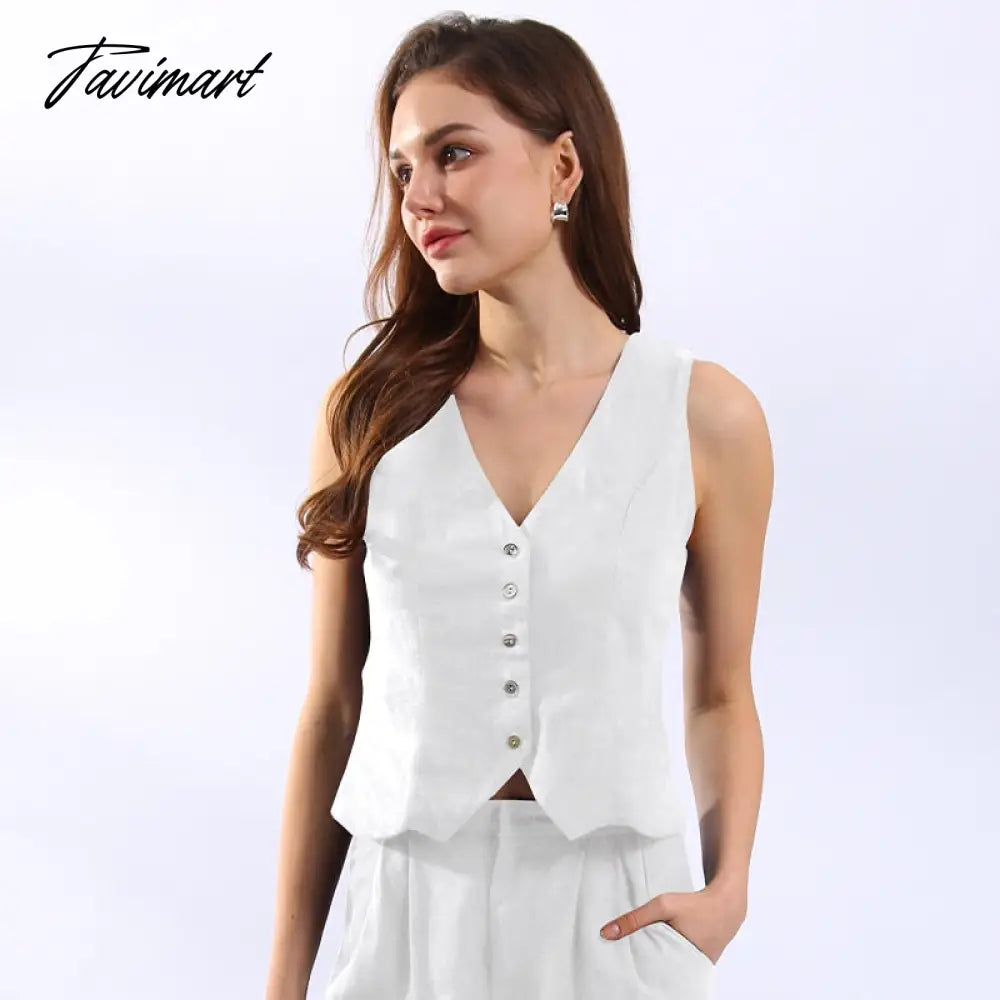 vzyzv Retro Linen Women'S Suits Women Blue Sleeveless Button Up Vest Tops + Wide Leg Pants Sets 2 Pieces Outfits Ensemble Femme