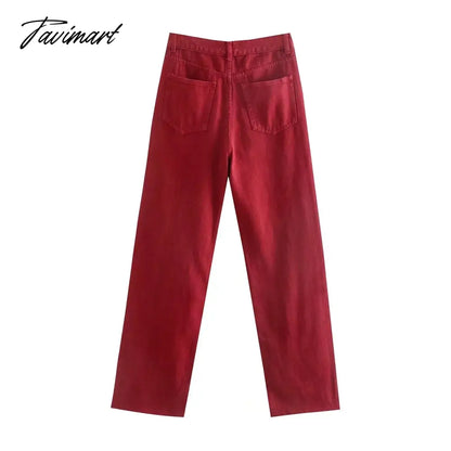 vzyzv Retro Mom High Waist Jeans England Style Fashion Jeans Woman Red Color Simple Burrs Straight Wide Leg Jeans For Women