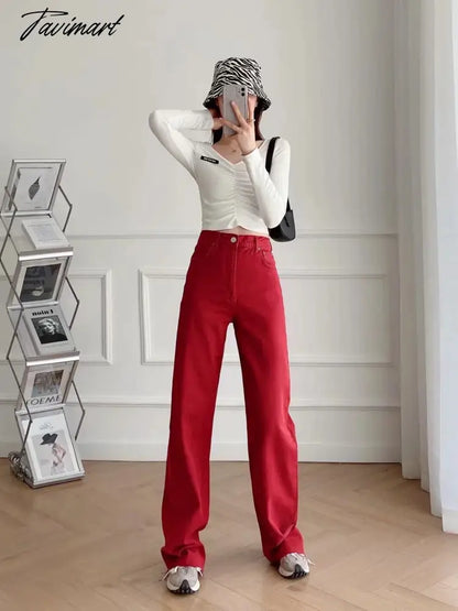 vzyzv Retro Mom High Waist Jeans England Style Fashion Jeans Woman Red Color Simple Burrs Straight Wide Leg Jeans For Women