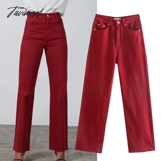 vzyzv Retro Mom High Waist Jeans England Style Fashion Jeans Woman Red Color Simple Burrs Straight Wide Leg Jeans For Women