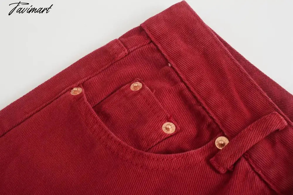 vzyzv Retro Mom High Waist Jeans England Style Fashion Jeans Woman Red Color Simple Burrs Straight Wide Leg Jeans For Women