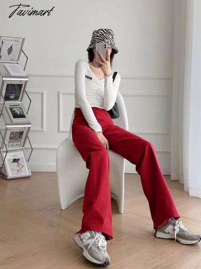 vzyzv Retro Mom High Waist Jeans England Style Fashion Jeans Woman Red Color Simple Burrs Straight Wide Leg Jeans For Women