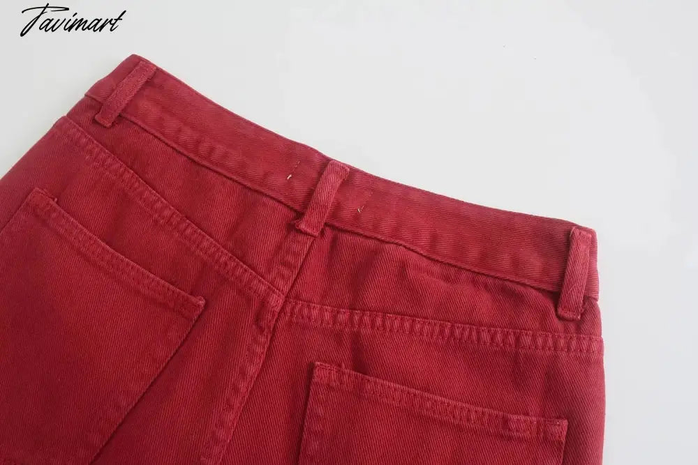 vzyzv Retro Mom High Waist Jeans England Style Fashion Jeans Woman Red Color Simple Burrs Straight Wide Leg Jeans For Women