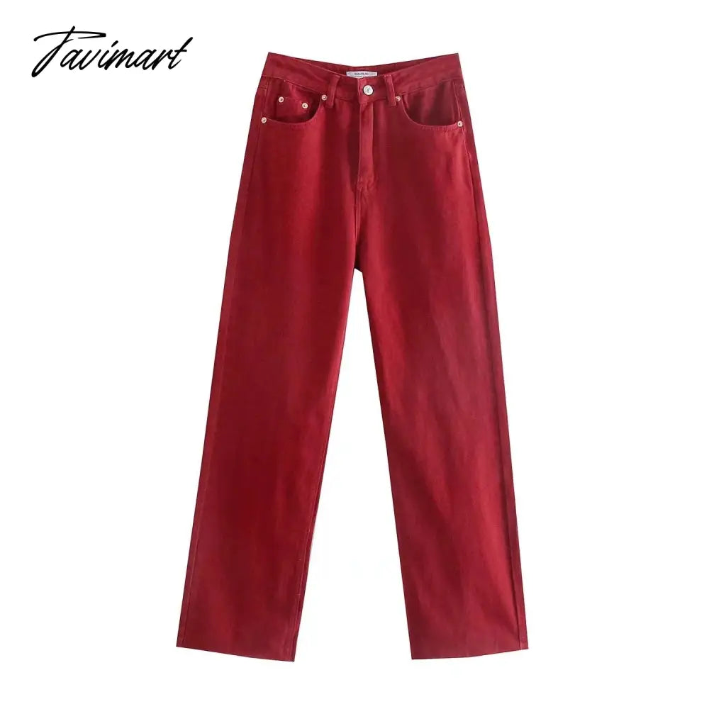 vzyzv Retro Mom High Waist Jeans England Style Fashion Jeans Woman Red Color Simple Burrs Straight Wide Leg Jeans For Women