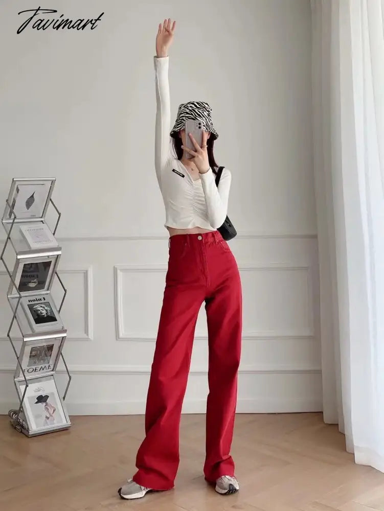 vzyzv Retro Mom High Waist Jeans England Style Fashion Jeans Woman Red Color Simple Burrs Straight Wide Leg Jeans For Women