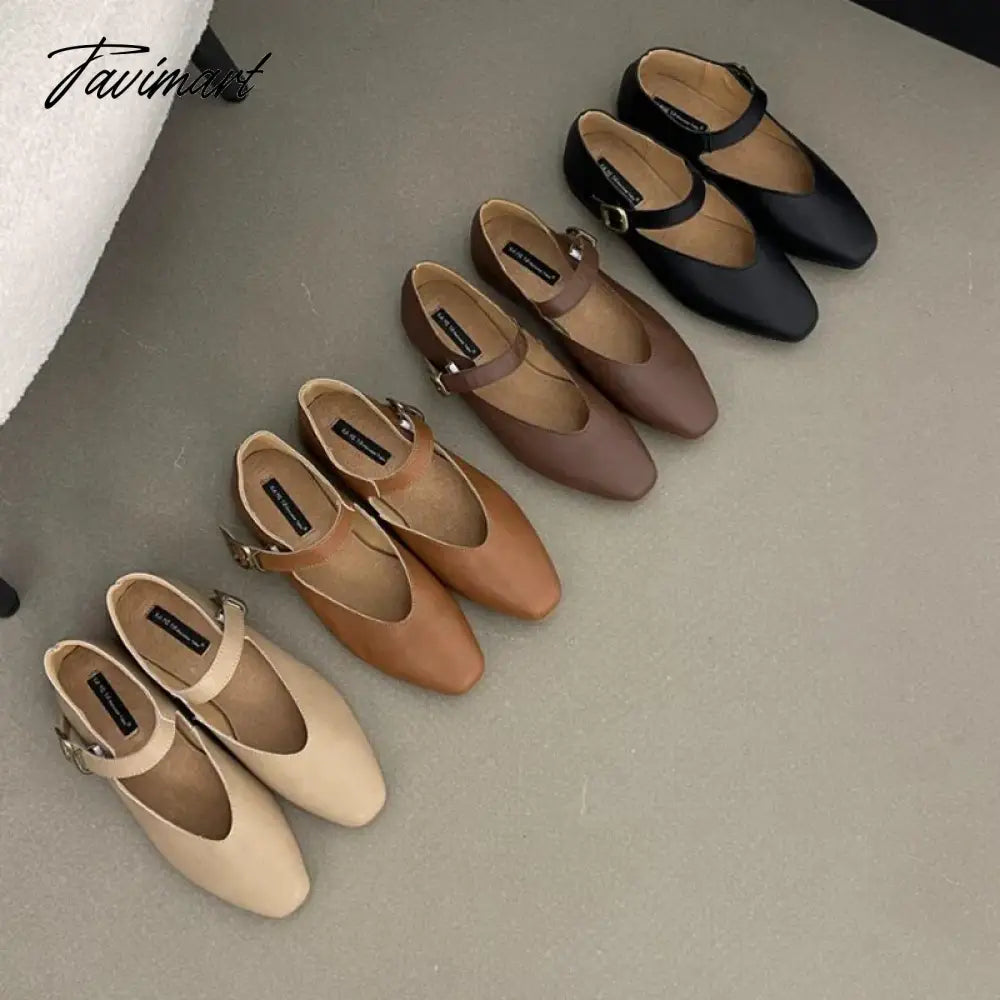 TAVIMART  -  Retro Ugly Cute Mary Jane Square toe Women Flat Shoes Genuine Leather Flats Shoes Woman One Word Buckle Flat Shoes Ladies