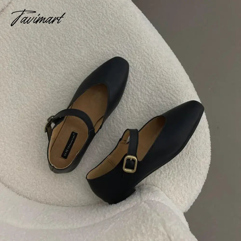 TAVIMART  -  Retro Ugly Cute Mary Jane Square toe Women Flat Shoes Genuine Leather Flats Shoes Woman One Word Buckle Flat Shoes Ladies