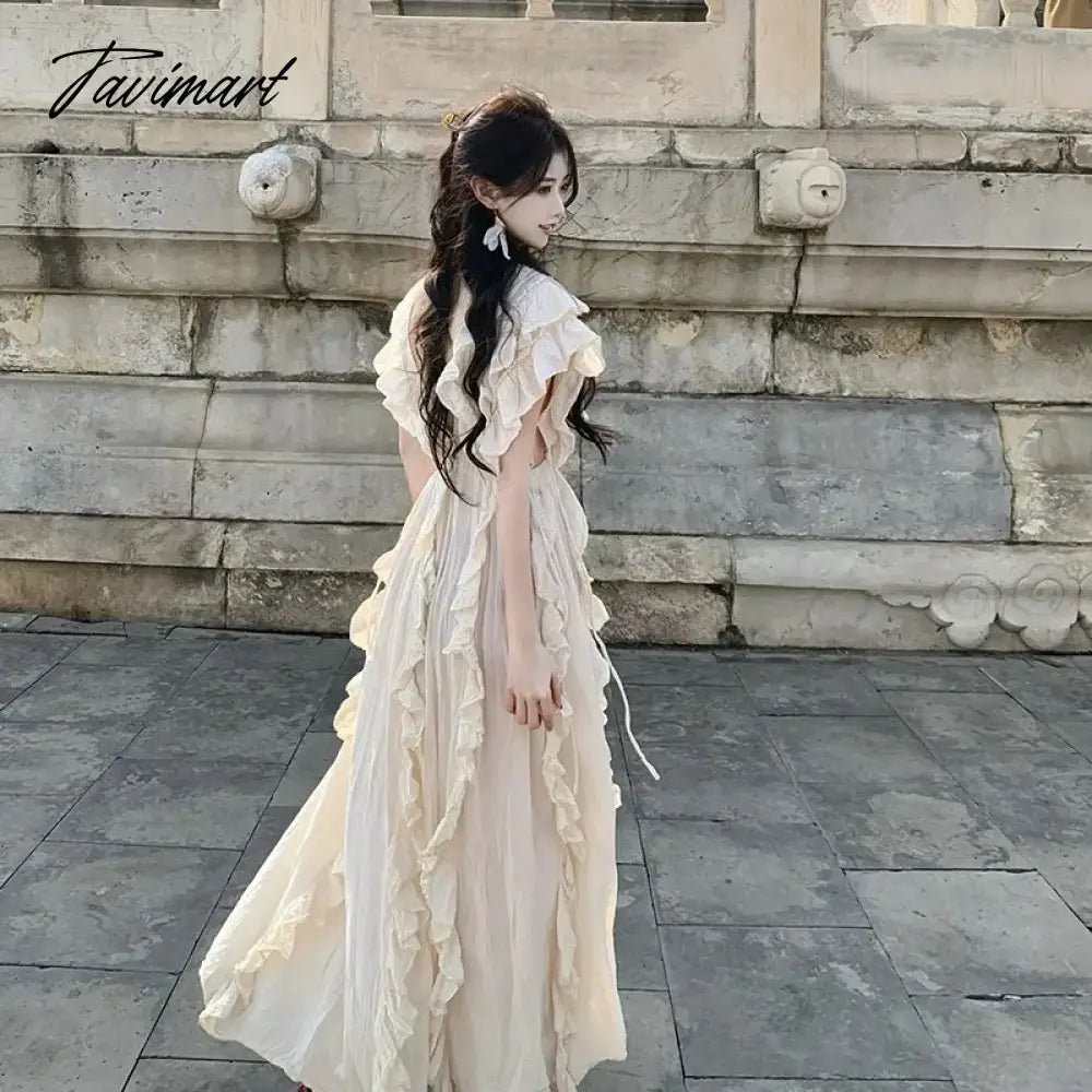 TAVIMART  -  Romantic Retro Dress Women's New Collar Wooden Ear Seaside Vacation Style Skirt