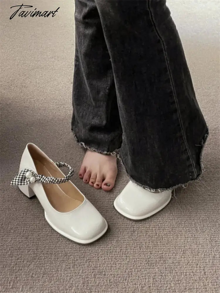 vzyzvRound head, straight line, silk ribbon, thick heels, spring and autumn retro medium heeled shoes