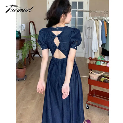 vzyzvSexy Backless Denim Women Dress Puff Sleeve New Summer Spring Party Dinner Dress Elegant Vintage Blue Robes Girl Dresses