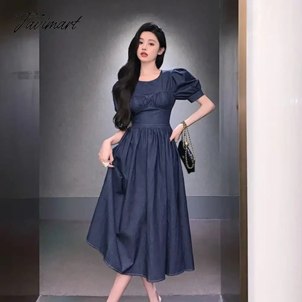 vzyzvSexy Backless Denim Women Dress Puff Sleeve New Summer Spring Party Dinner Dress Elegant Vintage Blue Robes Girl Dresses