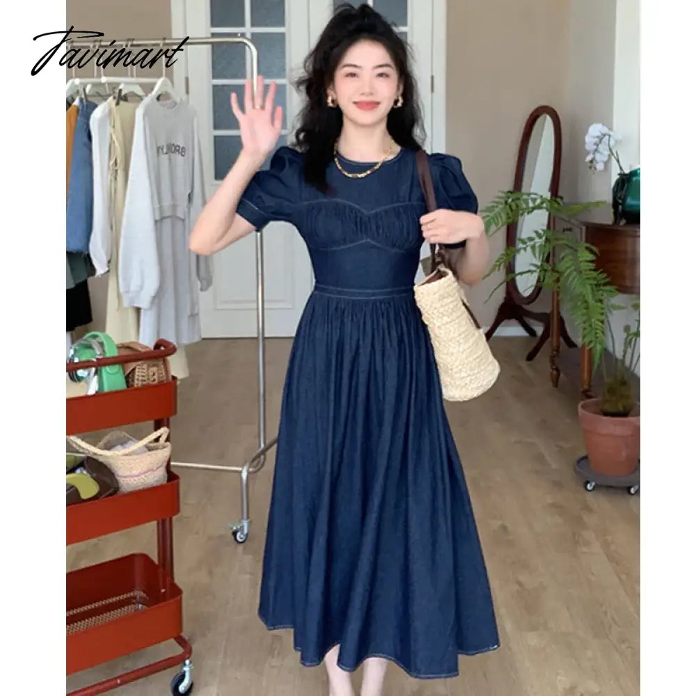 vzyzvSexy Backless Denim Women Dress Puff Sleeve New Summer Spring Party Dinner Dress Elegant Vintage Blue Robes Girl Dresses