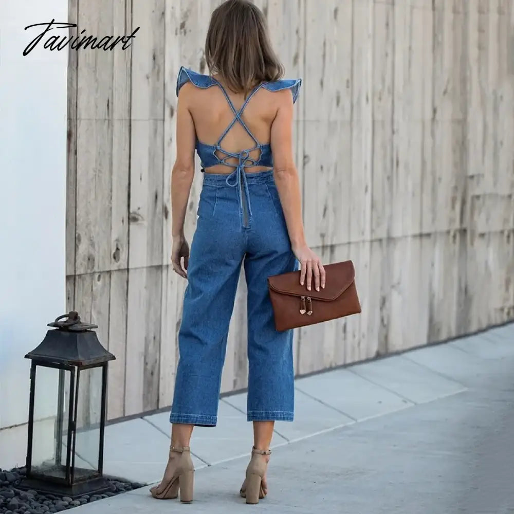 vzyzv -  Sexy Backless Jeans Jumpsuit  summer Spring New Ruffled Bodysuit American Fashion Lace Up High Waist Playsuits Streetwear