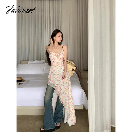 vzyzv -  Sexy Chic Flowy Ruffle Long Dress Women Summer Korean Asymmetrical Slit Sleeveless Spaghetti Straps Floral Desire One-piece