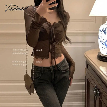 vzyzv  -  Sexy Hot V-neck Lace Thin Mesh Tops Women Summer Slim Fit Crop Top Blusas Mujer Korean Chic Long Sleeve Bottoming Blouses