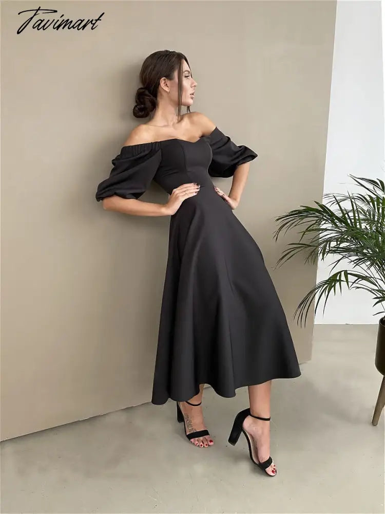 vzyzvSexy Slash Neck High Waist a Line Midi Dress Half Sleeve Elegant Party Evening Wear  Spring Female Long Dress