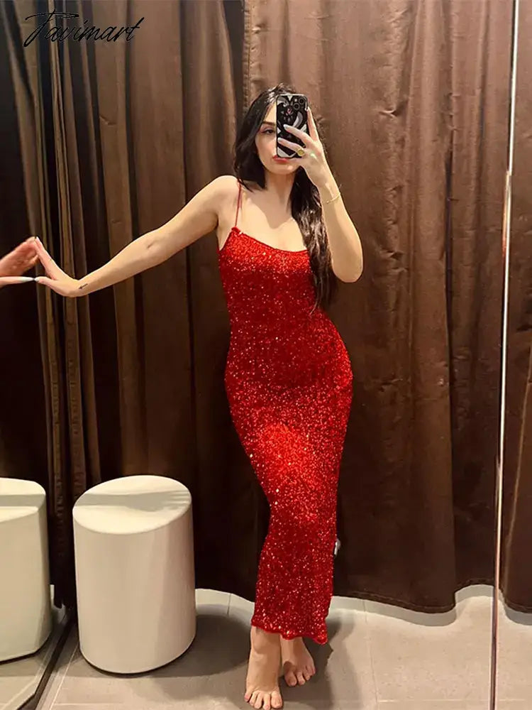 vzyzv -  Shiny Sequins Sleeveless Bodycon Midi Dress Women Fashion Red Backless Sling Vestidos 2024 Spring Lady Elegant Party Club Robes