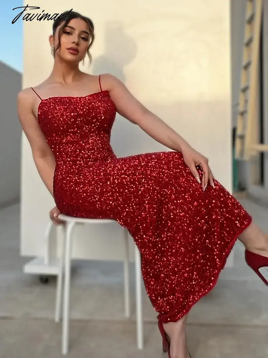 vzyzv -  Shiny Sequins Sleeveless Bodycon Midi Dress Women Fashion Red Backless Sling Vestidos 2024 Spring Lady Elegant Party Club Robes