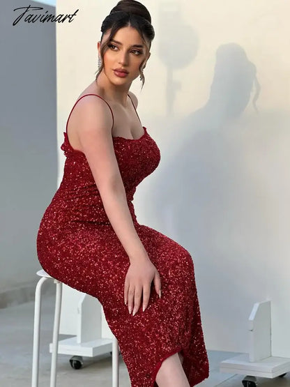 vzyzv -  Shiny Sequins Sleeveless Bodycon Midi Dress Women Fashion Red Backless Sling Vestidos 2024 Spring Lady Elegant Party Club Robes