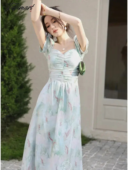 vzyzv  -  Short Sleeve Floral Midi Dress Office Lady Summer Beach Style French Elegant Dress Women Korean Fashion Even Party Dress