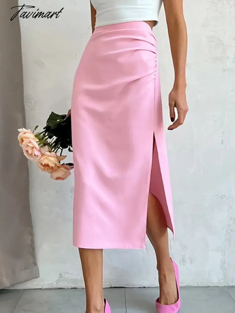 Tavimart Slit Pink Skirt For Women High Waist Aesthetic Faldas Escocesas De Mujer Slimfit Hot Summer Dress Zipper Korean Fashion Clothing