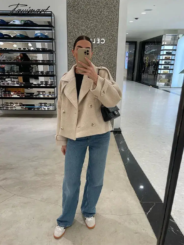 vzyzv -  Solid Color Lapel Collar Short Jacket Women Long Sleeved Double Breasted Cropped Coat Autumn Female Street Outwears