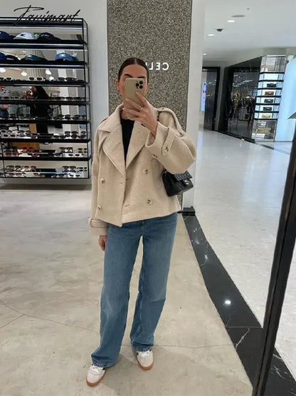 vzyzv -  Solid Color Lapel Collar Short Jacket Women Long Sleeved Double Breasted Cropped Coat Autumn Female Street Outwears