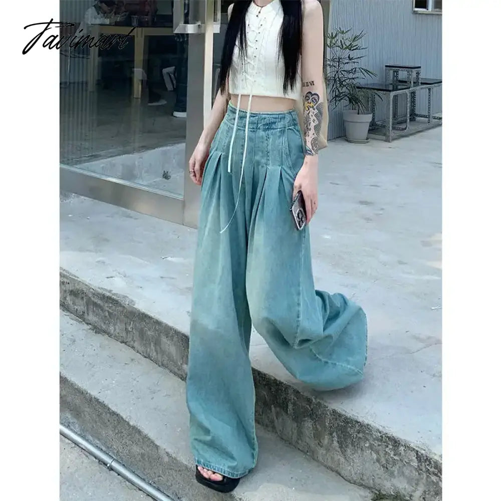 vzyzv Solid Distressed Washed Mop Jeans American Retro High-waisted Wide-leg Loose Straight-leg Pants Y2k Hot Girl Casual Trousers