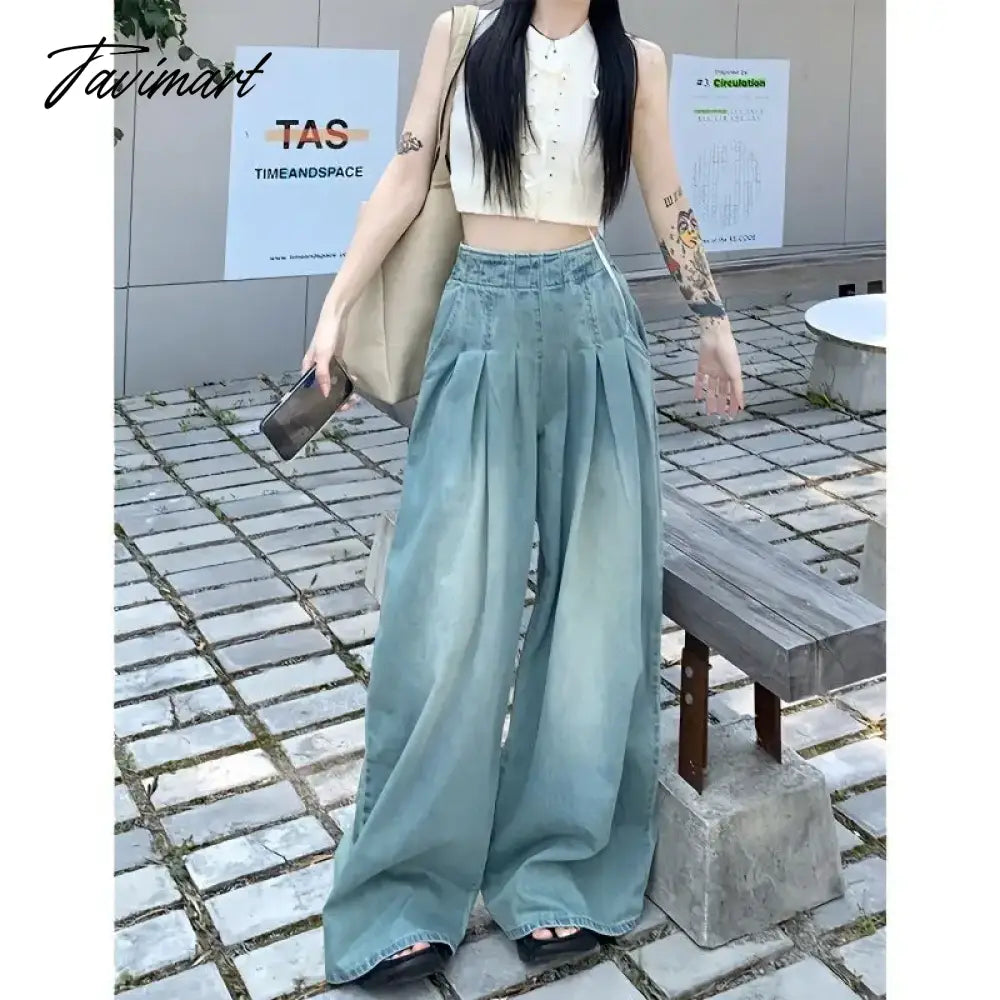 vzyzv Solid Distressed Washed Mop Jeans American Retro High-waisted Wide-leg Loose Straight-leg Pants Y2k Hot Girl Casual Trousers