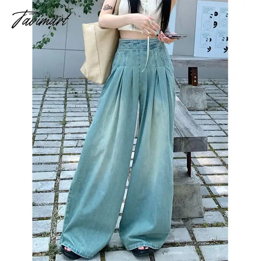 vzyzv Solid Distressed Washed Mop Jeans American Retro High-waisted Wide-leg Loose Straight-leg Pants Y2k Hot Girl Casual Trousers