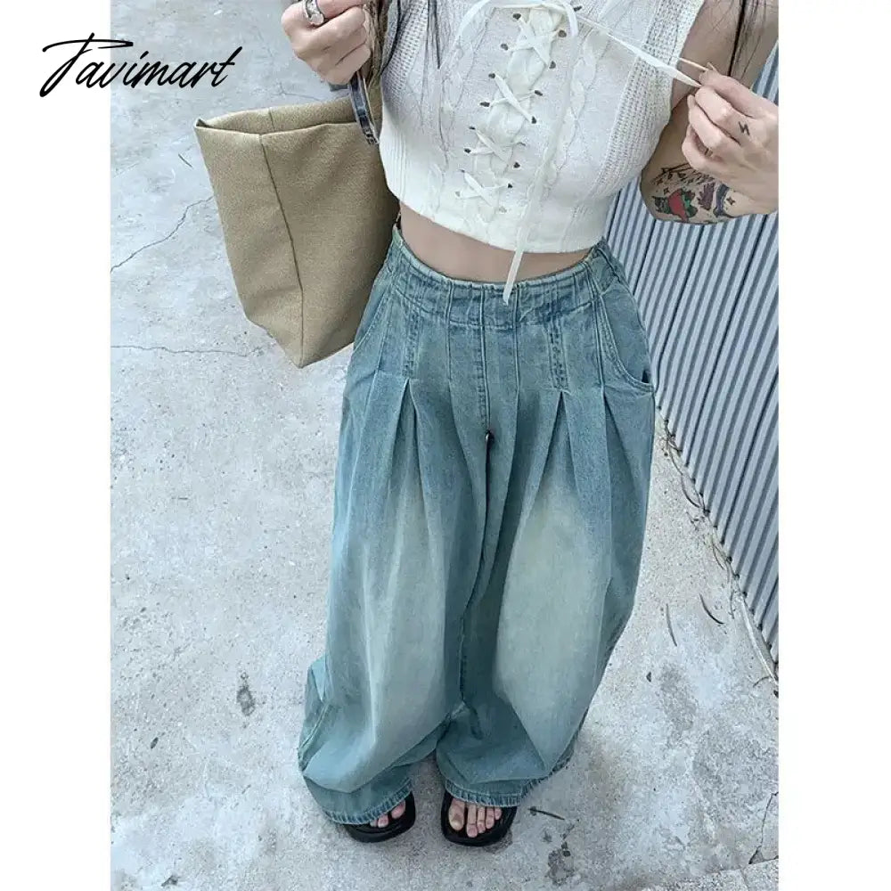 vzyzv Solid Distressed Washed Mop Jeans American Retro High-waisted Wide-leg Loose Straight-leg Pants Y2k Hot Girl Casual Trousers