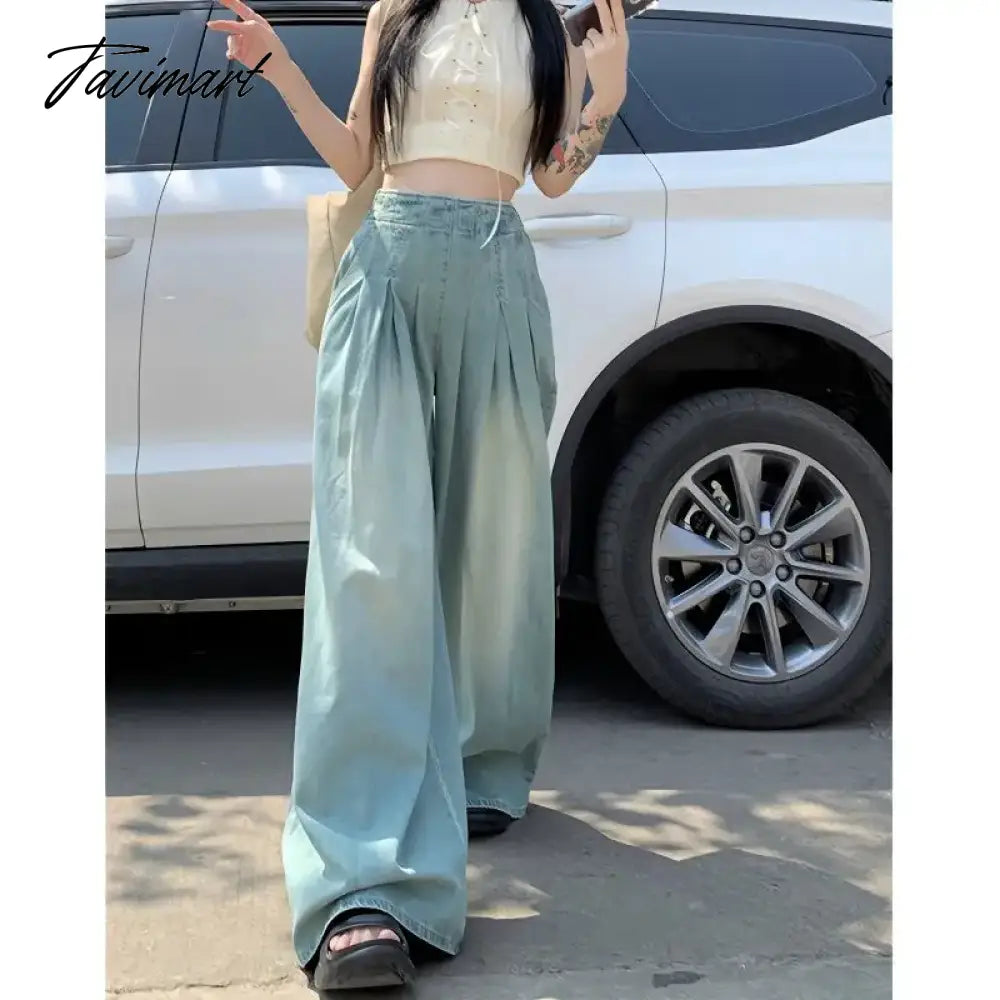 vzyzv Solid Distressed Washed Mop Jeans American Retro High-waisted Wide-leg Loose Straight-leg Pants Y2k Hot Girl Casual Trousers