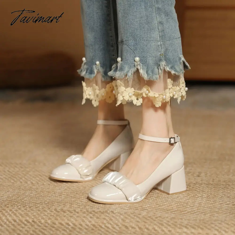 vzyzvSpring and Autumn New Vintage Single Shoes Women's Slotted Buckle Round Toe Thick Heels High Heels Soft Mesh Mary Jean Summer