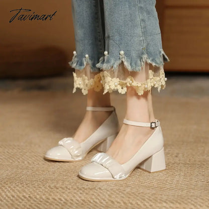 vzyzvSpring and Autumn New Vintage Single Shoes Women's Slotted Buckle Round Toe Thick Heels High Heels Soft Mesh Mary Jean Summer