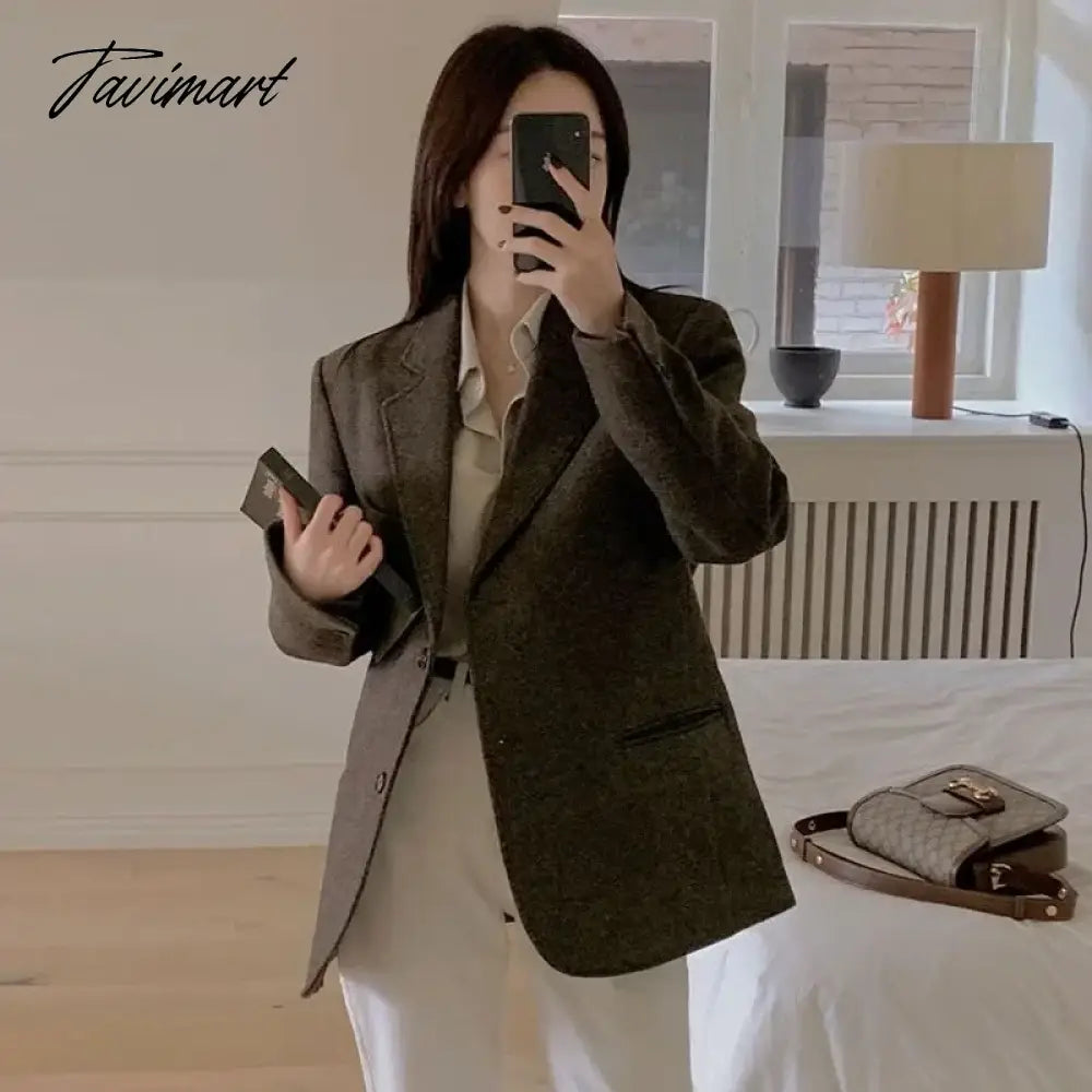 vzyzv -  Spring Autumn New Style Women's Dark Brown Woolen Suit Jacket Fashionable Retro Textured Woolen Small Suit