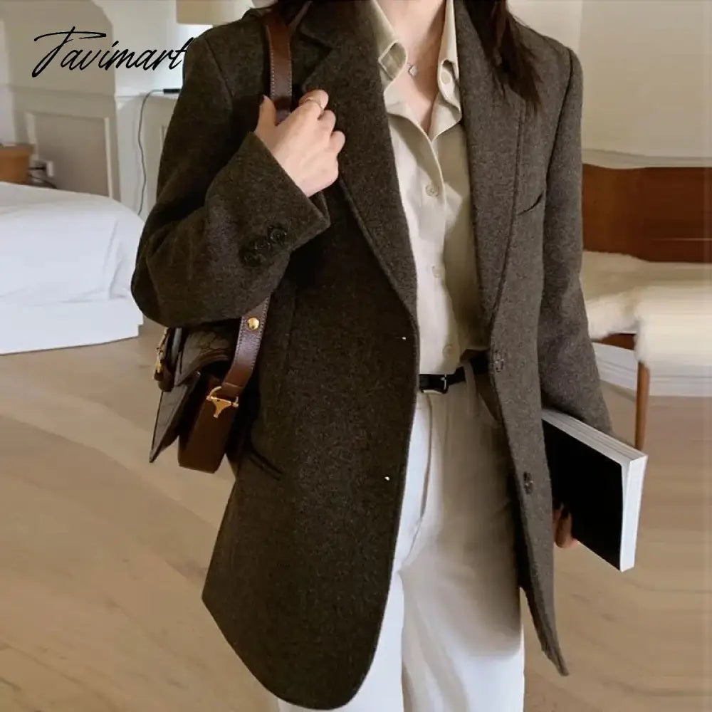 vzyzv -  Spring Autumn New Style Women's Dark Brown Woolen Suit Jacket Fashionable Retro Textured Woolen Small Suit