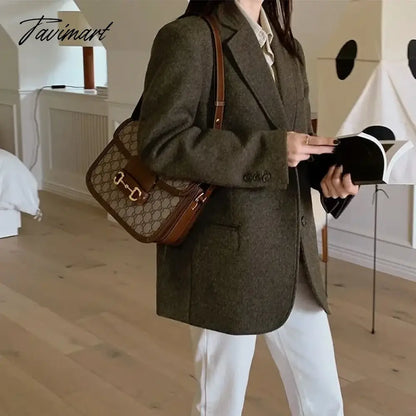 vzyzv -  Spring Autumn New Style Women's Dark Brown Woolen Suit Jacket Fashionable Retro Textured Woolen Small Suit