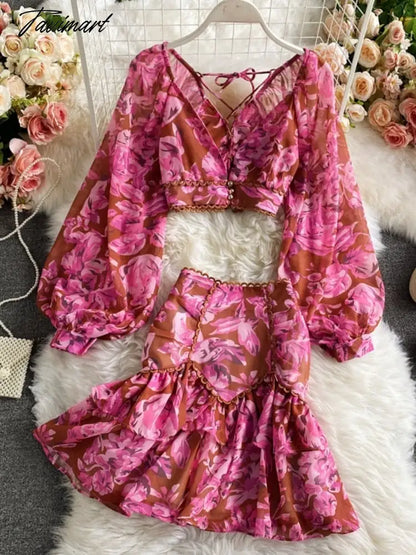 vzyzvSpring Autumn Sexy Chiffon Two Piece Set Women Elegant Long Sleeve V-Neck Short Tops + Ruffle Mini Skirt Female Printed Suit New