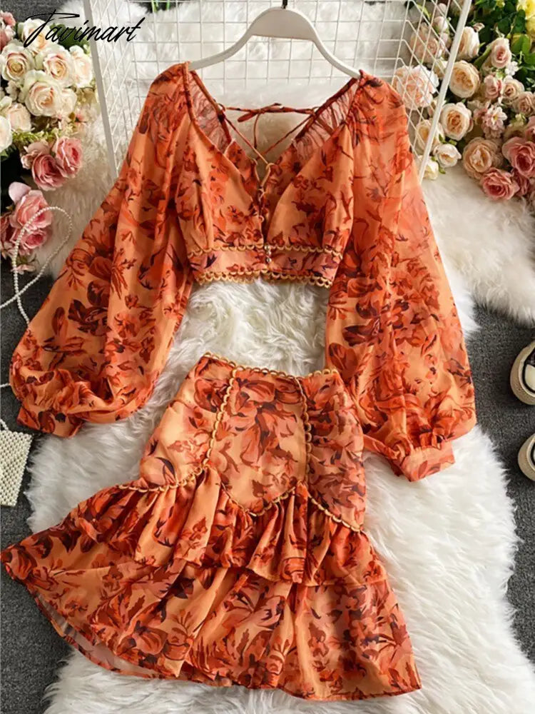 vzyzvSpring Autumn Sexy Chiffon Two Piece Set Women Elegant Long Sleeve V-Neck Short Tops + Ruffle Mini Skirt Female Printed Suit New