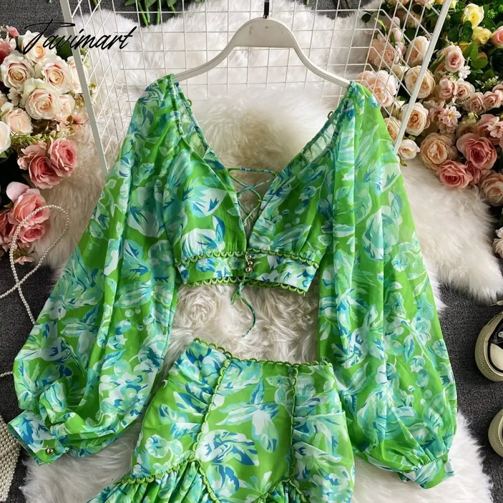 vzyzvSpring Autumn Sexy Chiffon Two Piece Set Women Elegant Long Sleeve V-Neck Short Tops + Ruffle Mini Skirt Female Printed Suit New