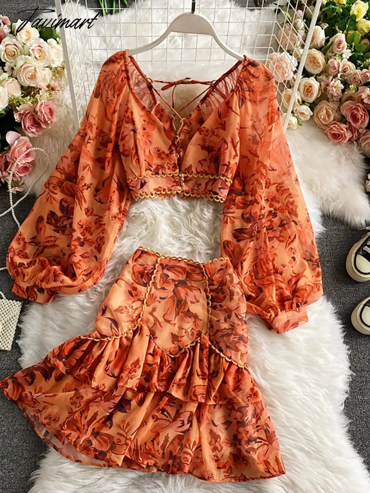 vzyzvSpring Autumn Sexy Chiffon Two Piece Set Women Elegant Long Sleeve V-Neck Short Tops + Ruffle Mini Skirt Female Printed Suit New