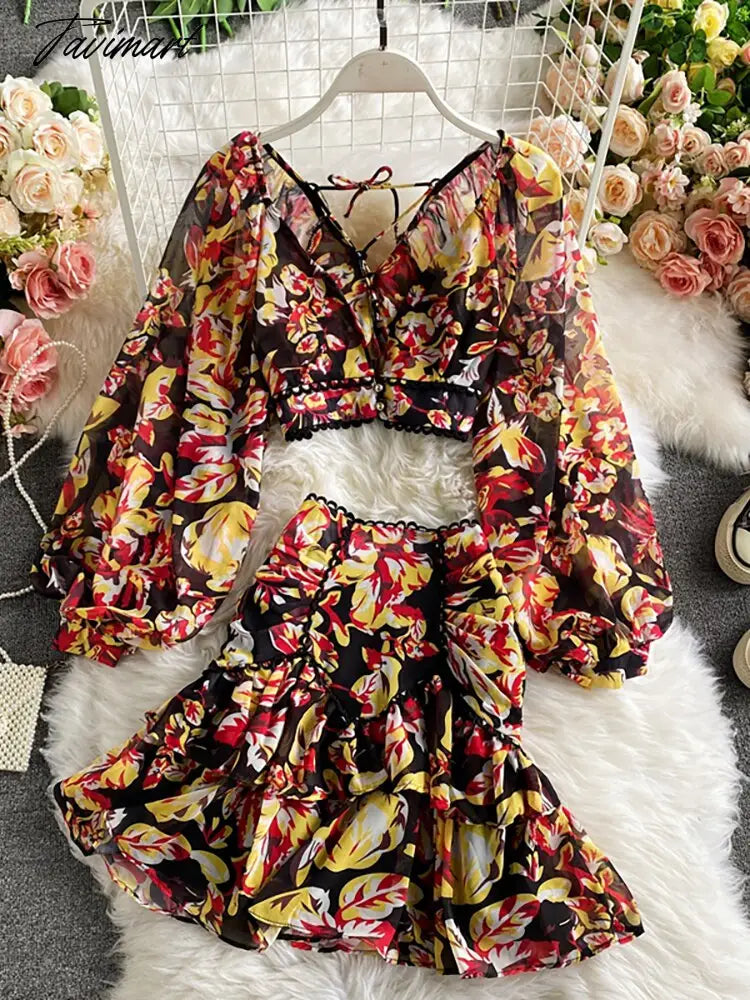 vzyzvSpring Autumn Sexy Chiffon Two Piece Set Women Elegant Long Sleeve V-Neck Short Tops + Ruffle Mini Skirt Female Printed Suit New