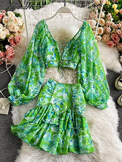 vzyzvSpring Autumn Sexy Chiffon Two Piece Set Women Elegant Long Sleeve V-Neck Short Tops + Ruffle Mini Skirt Female Printed Suit New