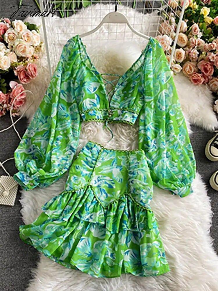 vzyzvSpring Autumn Sexy Chiffon Two Piece Set Women Elegant Long Sleeve V-Neck Short Tops + Ruffle Mini Skirt Female Printed Suit New